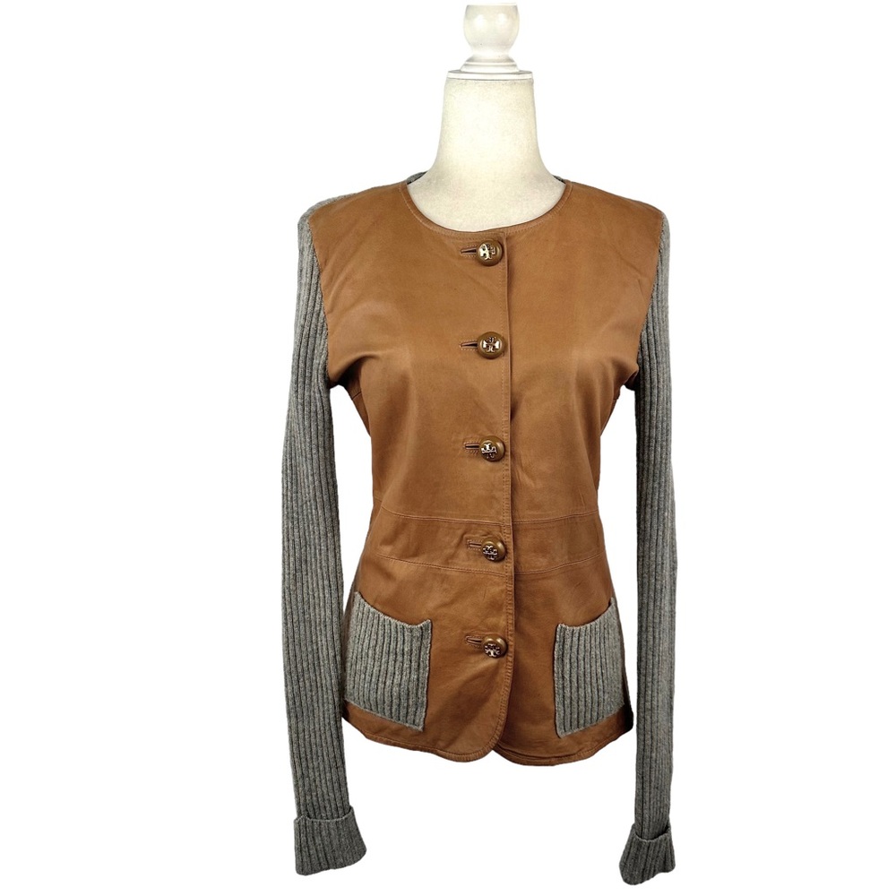 TORY BURCH Leather & Cashmere Paneled Button Down Jacket